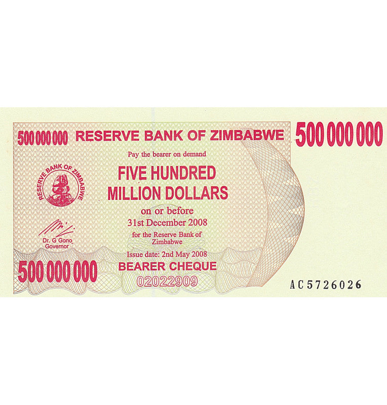 Zimbabue 500.000.000 Dólares 2008 Pick 60